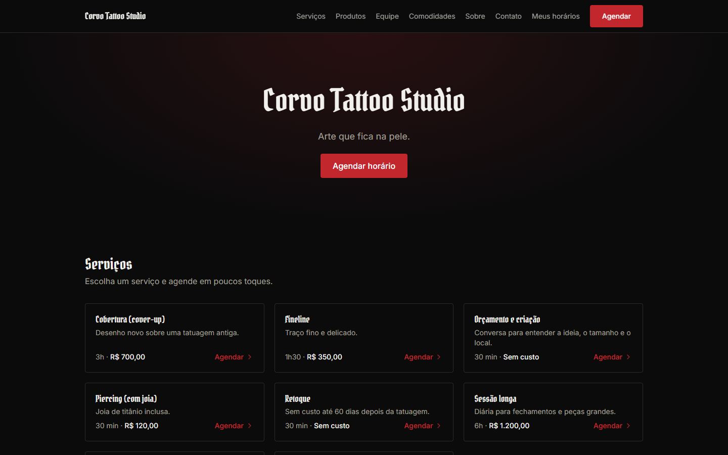 Página inicial do site do Corvo Tattoo Studio