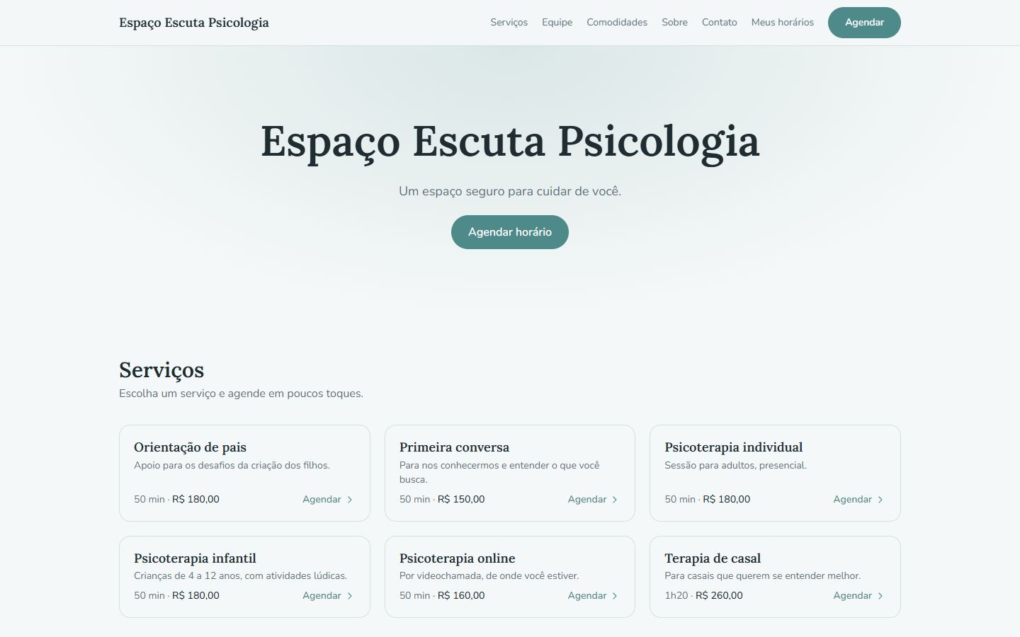 Página inicial do site do Espaço Escuta Psicologia
